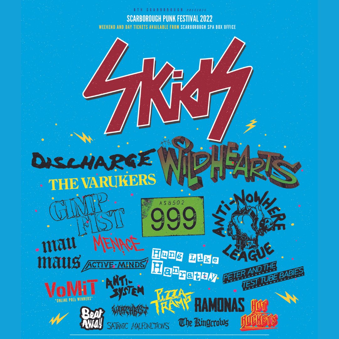 🧷Scarborough Punk Festival 
🎤Leading acts include <a href="/the_skids/">The Skids</a> @realDISCHARGE <a href="/antinowhere/">Anti-Nowhere League</a>
📅This weekend - 26 &amp; 27 March from midday
🎟Buy your tickets now tinyurl.com/2p8rn9j9