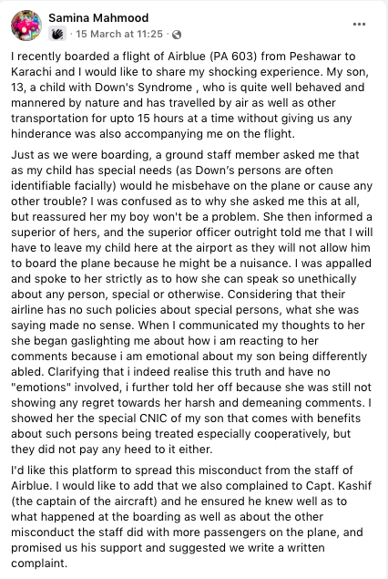guldaar's tweet photo. A mother's horrific ordeal with @airblueairline . Ground staff told her that her peaceful son with Down Syndrome looked like he'd cause trouble on flight &amp; he wasn't allowed to board. Please tag relevant ppl to look into this - why does AirBlue hate children? https://t.co/ESnjS55Tl3