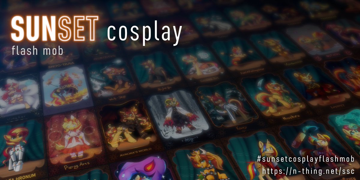 JuliaSunlight1's tweet photo. As many as 50 artists have come together to bring you Sunset Shimmer as characters from a wide variety of fandoms! Finally we can show you the result

> https://t.co/jNx2chnOzD

The cards have links to each artist.
#sunsetcosplayflashmob
Special thanks to @AlruMoon  for the bg💖 https://t.co/9t4oXKMbfN
