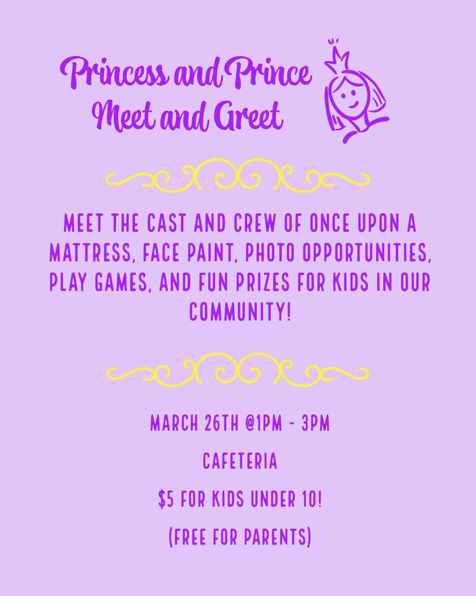 Do you have younger siblings or are a parent with young children? We’ll be having an event on Saturday, March 26th in the Broad Run High School cafeteria!! Play games, eat snacks, win prizes and more. Admission is $5 for kids under 10 while parents attend for free!! 👑💜✨🎭