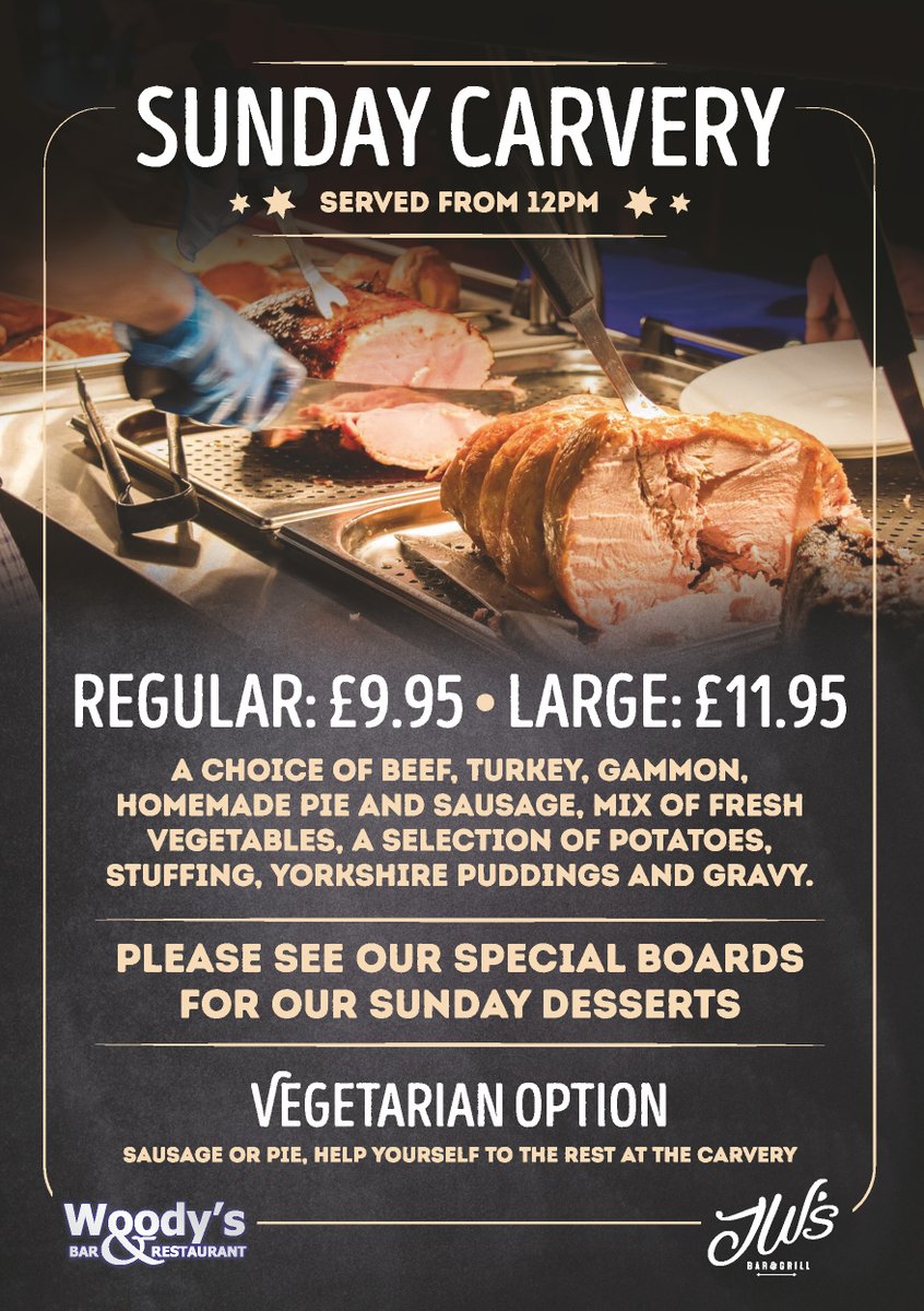 Sunday Carvery is served today at JW's from 12 noon and every Sunday this season 
⚫️ Operates on a Walk in Basis
⚫️ Vegetarian Options Available
⚫️ Indoor &amp; Outdoor Dining
⚫️ Served from 12 noon until 5pm (subject to availability)
We also serve a midweek carvery every Tuesday