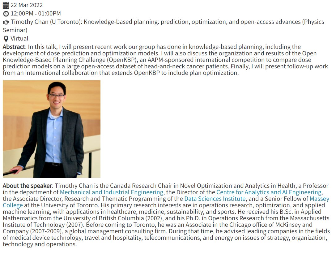 AliAjdari8's tweet photo. This week's #MGHPhysicsSeminar is given by Dr. Timothy Chan (U. Toronto) on "Knowledge-based Planning &amp; Optimization in RT" . 
Happening in 2.5 hours.  

Time: Tues, Mar 22, 12-1pm (EST).

Register at https://t.co/R5oKHKQnBq 
#radbio #medphys 
@MGHCancerCenter https://t.co/DUJF5kkEL8