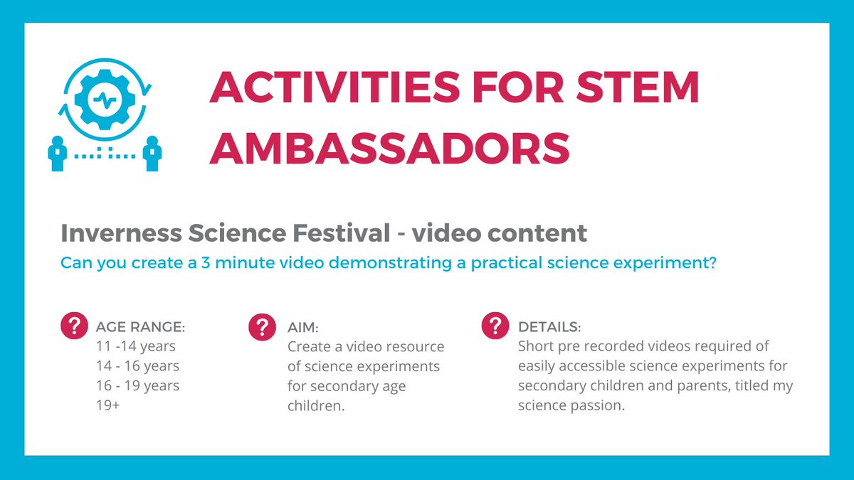 ScotSTEMAmb's tweet photo. 🚨STEM Ambassadors required - My Science Passion
Do you have a short experiment or demonstration suitable for secondary children that you could film for Inverness Science Festival?
Sign in and register here https://t.co/rG9lGSm3JI
#STEM #stemcontent https://t.co/N2dzxMXZiU