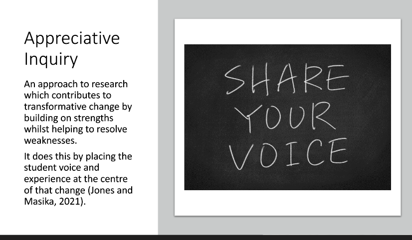 Dr_Sarah_P's tweet image. using appreciative enquiry - especially useful when working with students and navigating power dynamics