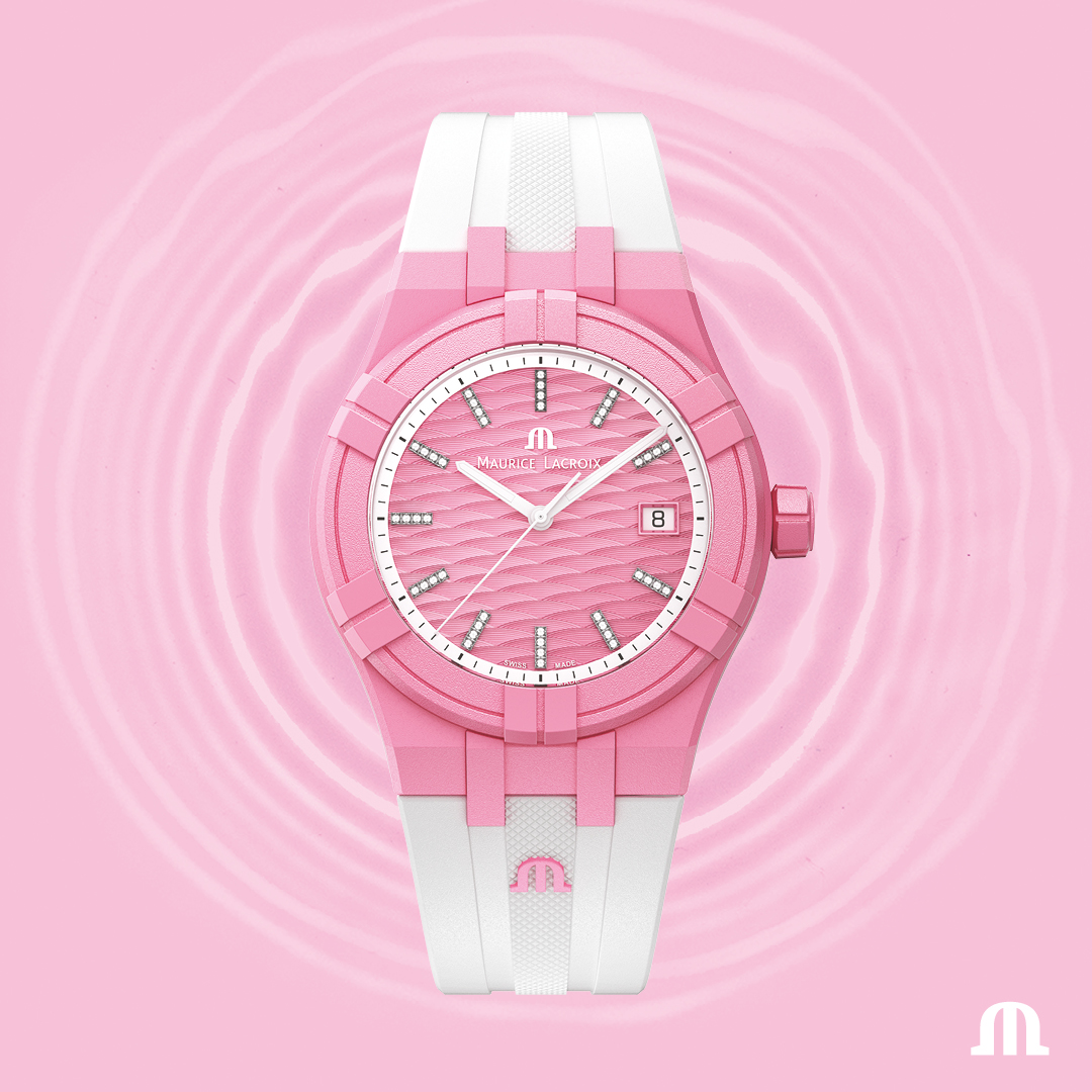 Maurice_Lacroix's tweet photo. Diamonds on the indexes, Jura waves on the dial. The #AIKON #tide is ready to pop in bubblegum pink!
@tide_oceanmaterial
#youtimeisnow #pulseofthecity #BeyourAIKON #thatswhatadropmakes https://t.co/5WfhreVYwc