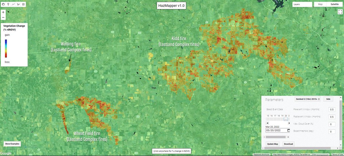<a href="/HazMapper/">HazMapper</a> #NDVI change-detection result for the ongoing March #wildfires in central #Texas that are part of the #EastlandComplex. Fires are located between the cities of Cross Plains and Gorman. Warm colors = vegetation loss due to fire activity. <a href="/inciweb/">InciWeb</a> <a href="/TDEM/">Texas Division of Emergency Management</a>