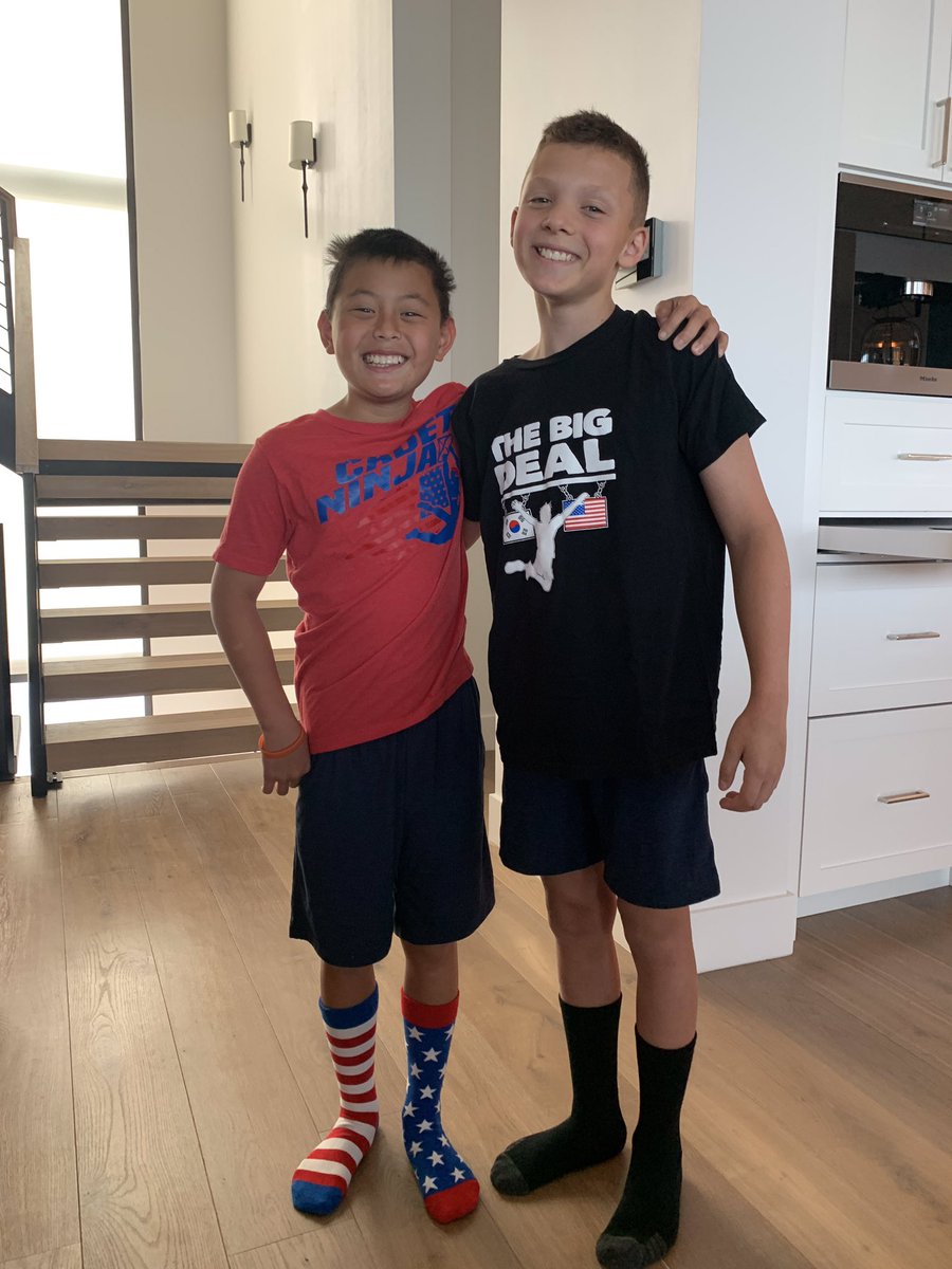 AaronTheBigDeal's tweet photo. Shirt swap with the Cadet Ninja😀 Who wears it best? #ninjawarrior #ANWJr  #ANW #NiceSocks https://t.co/NQZXOyc6JB