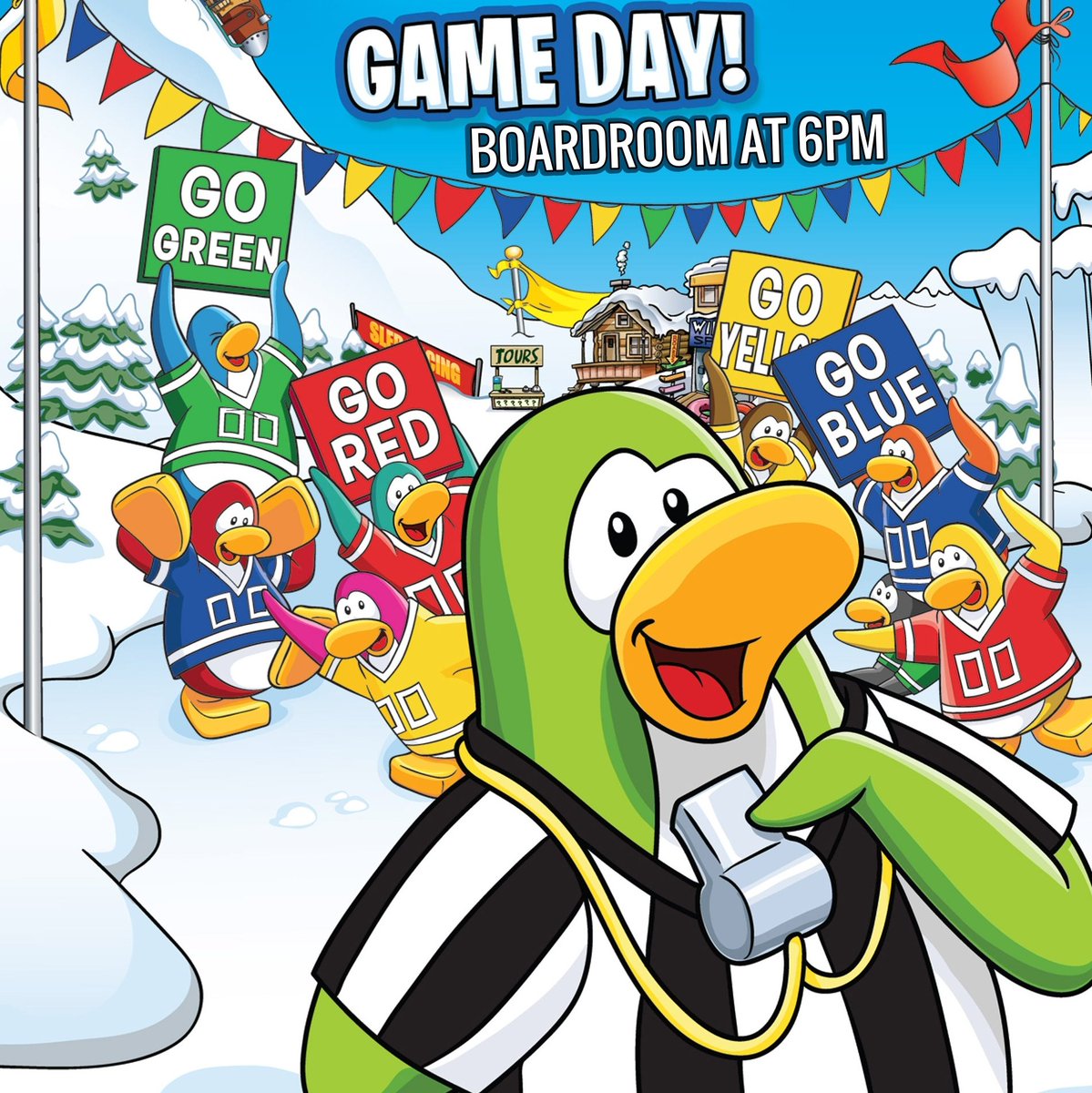 UoGClubPenguin's tweet photo. Choose your team and compete in the Nintendo Club Penguin games with us for Game Day in the Boardroom at 6PM 🏅

Which team are you choosing? 
❤ #Teamred 
💛 #Teamyellow 
💙 #Teamblue 
💚 #Teamgreen 

#universityofgreenwich #clubpenguin https://t.co/hp7ModO1e1