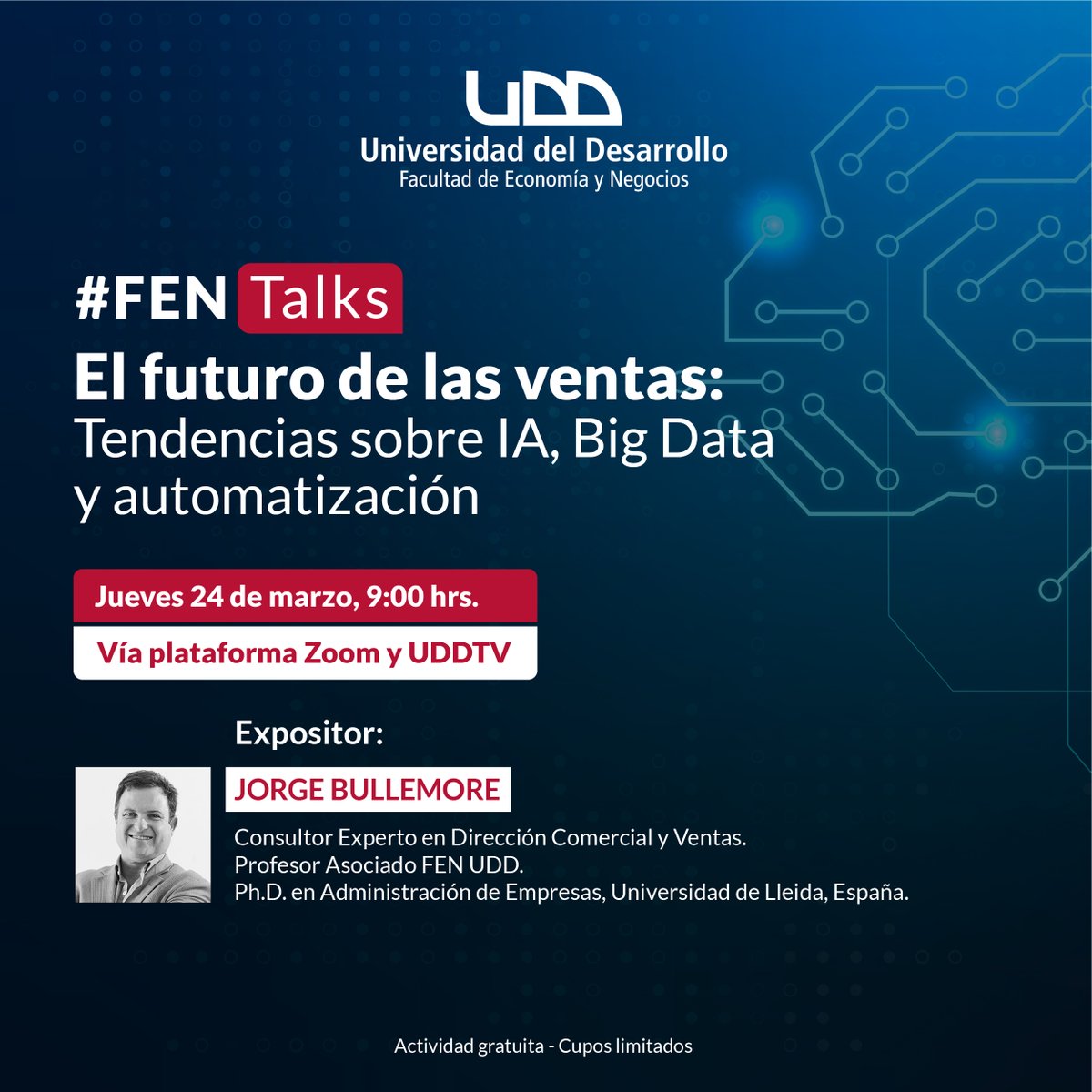 LifelongUDD's tweet photo. Te invitamos al #FENTalks para entender cómo la #InteligenciaArtificial, #BigData y la #automatizaciónenventas pueden contribuir al crecimiento de tu negocio.
🗓️ 24marzo- Vía Zoom y UDDTV. Jorge Bullemore, PhD experto en DirCom y Ventas.
📌 Inscríbete: https://t.co/X5dEHSzAo9 https://t.co/fE57fEzG7N