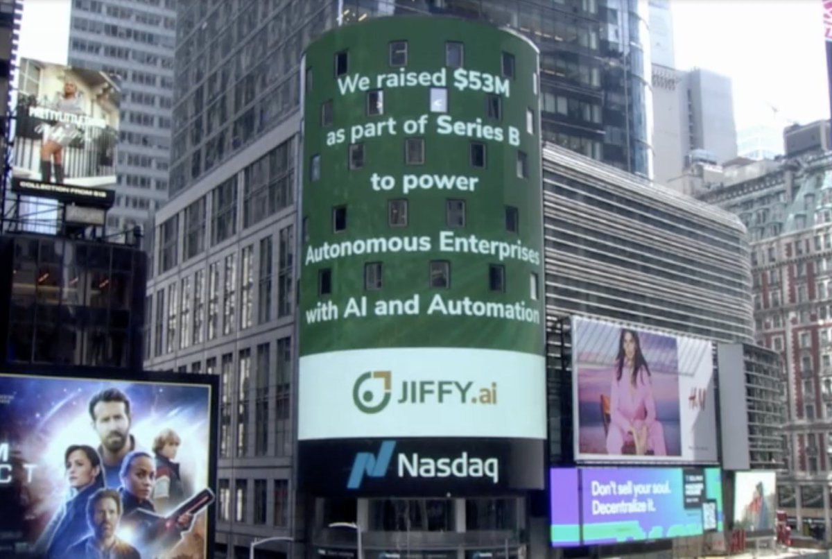 Jiffyai's tweet photo. Our #funding story stands 7 stories tall - in Times Square!

A moment of pride for @Jiffyai — our #SeriesB funding news was on the NASDAQ billboard today. Thank you JIFFYians, for putting your heart and soul into what we are building for the future of #autonomousenterprises. https://t.co/saxyVv3q6B