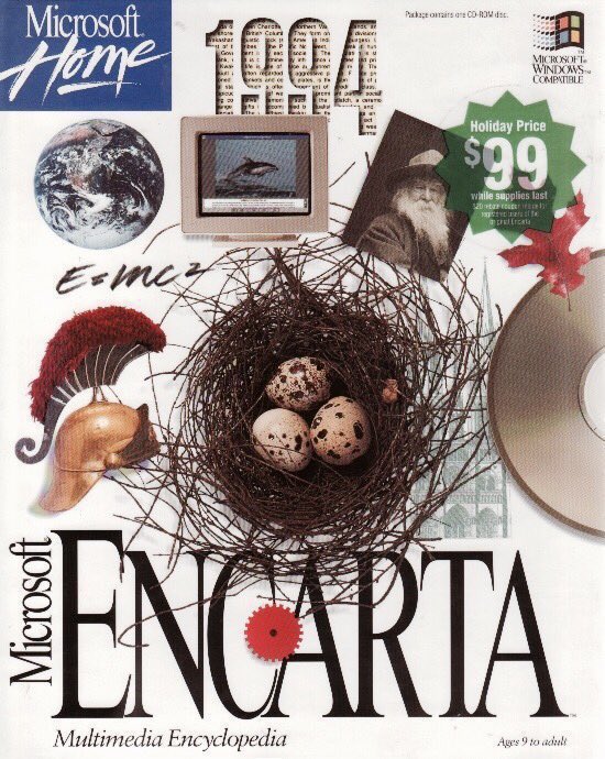 retrochenta's tweet photo. Hoy hace 29 años que Microsoft presentó su enciclopedia digital multimedia “Encarta”. Nos costaba creer que todo entrase en un solo CD! https://t.co/VLYK5T7wvq