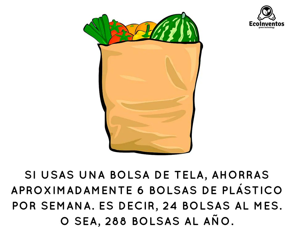 Si usas bolsas de tela, ahorrarás aproximadamente 6 bolsas de plástico a la semana. 288 al año.