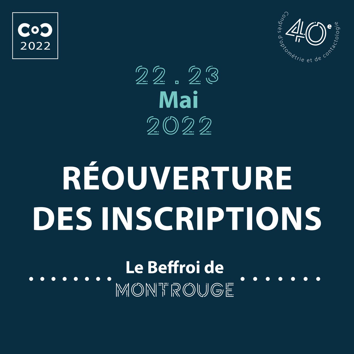 OptoAOF's tweet photo. C.O.C 2022 : RÉOUVERTURE DES INSCRIPTIONS

Chose promise, chose due, les inscriptions pour notre 40ème édition du Congrès d’Optométrie et de Contactologie sont rouvertes ! 

Inscription en ligne : https://t.co/3Lunv0VavB https://t.co/B0LmyO7r4g