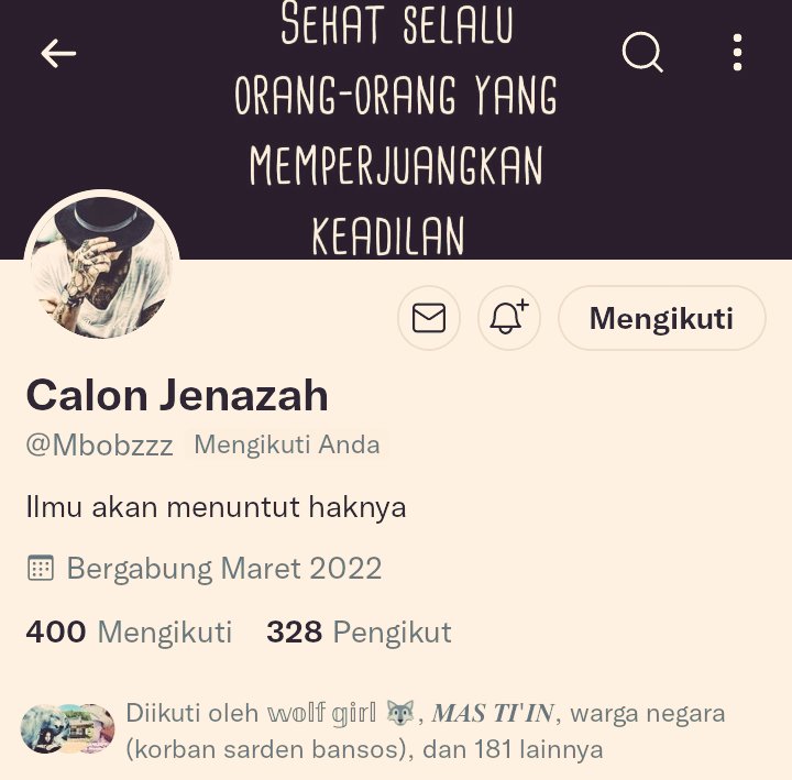 Ehh gaesz kenalin temen lama 0eh..orangnya bae beud..dlu suka ngajakin bae 0eh ngopi ☕

<a href="/Mbobzzz/">𝓒𝓪𝓵𝓸𝓷_ 𝓙𝓮𝓷𝓪𝔃𝓪𝓱</a> 

Doi punya banyak kata² bijak meski ava-nya sangar 🤘🏽😅

Difollow yah n bantu RT yah..Inshaa Allah akan beliau follow balik..

Makasih gaesz Jazakallah khair 🙂🙏🏽