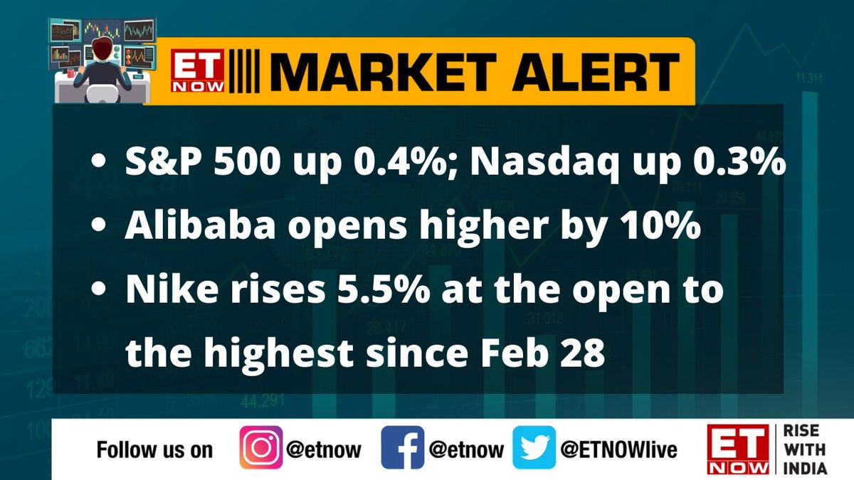 ETNOWlive's tweet photo. #MarketsAtOpen | S&amp;P 500 up 0.4%; Nasdaq up 0.3%
Alibaba opens higher by 10% 
@Nike rises 5.5% at the open to the highest since Feb 28 https://t.co/x5YfJBn4YF