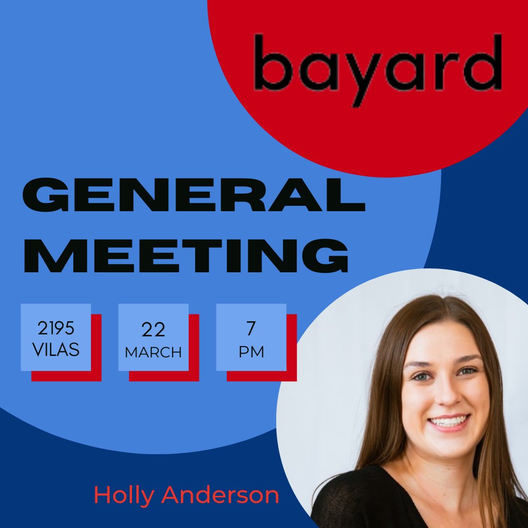 Join us tonight in Vilas 2195 at 7 p.m. where we'll welcome Holly Anderson, Media Specialist at Bayard Advertising!! There's only four general meetings left so make sure you attend three to remain an active member and get your member gift at the end of the semester!!