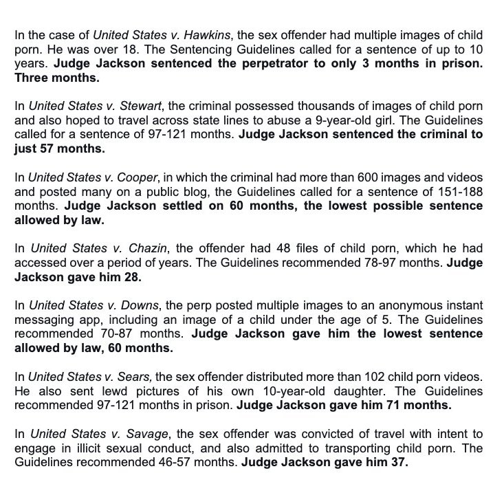 RNCResearch's tweet photo. In EVERY child porn case that came before her, Ketanji Brown Jackson handed out a sentence far below federal guidelines: https://t.co/vAze7Djyye