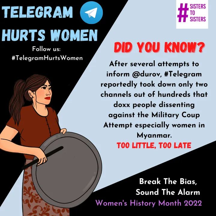After several attempts to inform <a href="/durov/">Pavel Durov</a>, #Telegram reportedly took down only two channels out of hundreds that doxx people dissenting against the  Military Coup Attempt - especially women in Myanmar. Too Little, Too Late. #TelegramHurtsWomen
