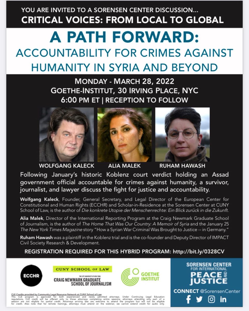 AliaMalek's tweet photo. Plz join me 3/28 @gi_newyork for this @sorensencenter @cunylaw sponsored conversation about global impunity (from #Assad in #Syria to #Putin in #Ukraine &amp; Syria &amp; beyond) &amp; prospects for accountability &amp; justice w @ECCHRBerlin founder Wolfgang Kaleck &amp; Ruham Hawash, plaintiff -> https://t.co/lm0q5TmARL