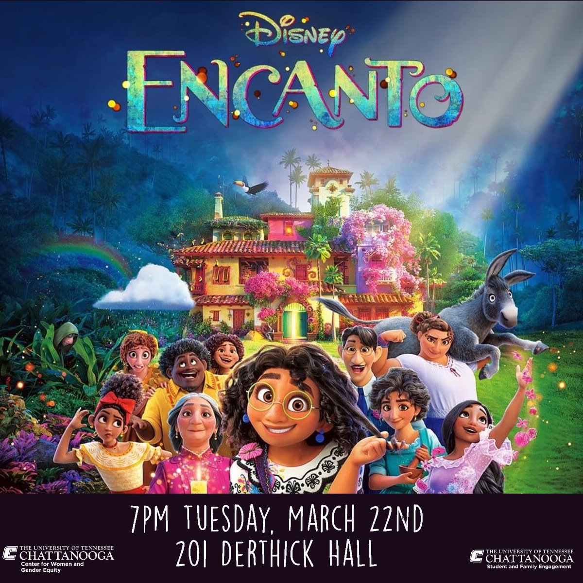 Join the Center for Women and Gender Equity and the Office of Student and Family Engagement for Encanto tonight at 7pm in Derthick 201. Movie snacks will be provided while supplies last!