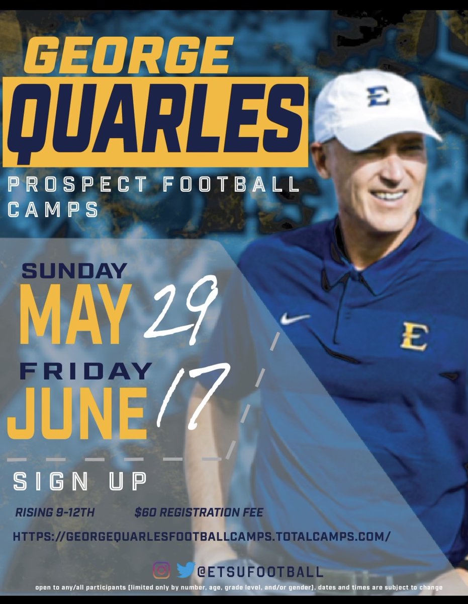 Don't miss out on your chance to attend the upcoming football camps in just a couple of months!! To reserve your spot, click the link 👇

🔗 tinyurl.com/2p8syn53

#ETSUTough
