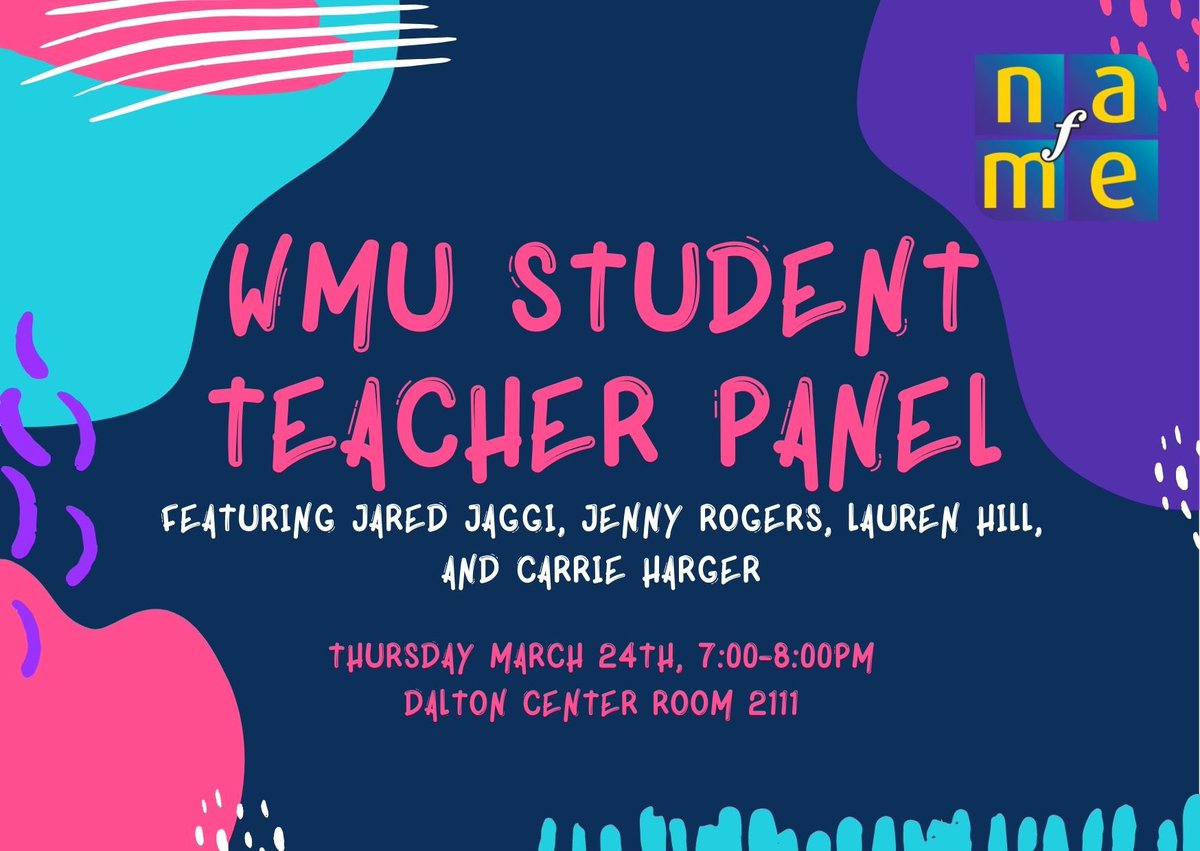 wmunafme32's tweet photo. 📣UPCOMING PRESENTATION📣

Join us for our next presentation this Thursday, March 24th 7:00-8:00pm in room 2111! A few of our current WMU Student Teachers are coming in for a Q&amp;A panel! We would love to see you there!!🎶

#musiceducation #nafme https://t.co/ywidTgbOGo
