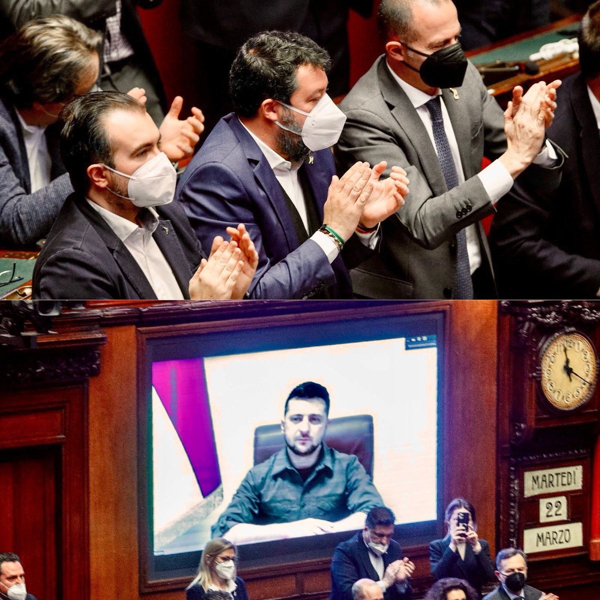 matteosalvinimi's tweet photo. Qui Montecitorio. 
Ho apprezzato le parole del presidente ucraino #Zelensky che si è collegato in videoconferenza con il Parlamento e ha ringraziato l’Italia per la straordinaria accoglienza che sta garantendo alle famiglie in fuga. https://t.co/CXdUWEGN5r