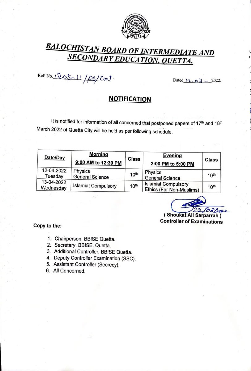 Info_Balochistn's tweet photo. Postponed papers of Matric will be as per following schedule, #BBISE #Quetta https://t.co/FktFLIbeS5