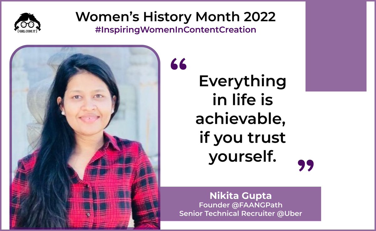 GirlCodeIt1's tweet image. #womensHistoryMonth Post 4 🚀

@nikigupta123 - Founder @FAANGPath, Senior Tech Recruiter @Uber. Full-cycle recruiter with ~4 years of exp in tech and startup recruiting. Passionate bout getting folks hired in FAANG companies.

Read the full interview at - girlcodeit.com/iwd/nikita-gup…