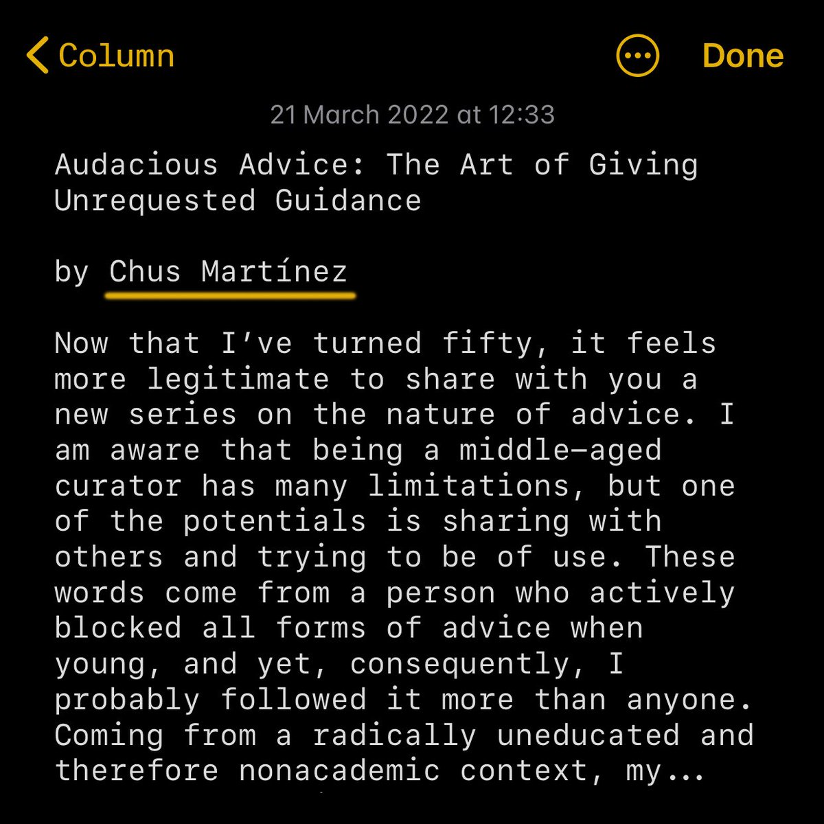Audacious Advice: The Art of Giving Unrequested Guidance, a new monthly column by Chus Martínez: bit.ly/3D3iMyH