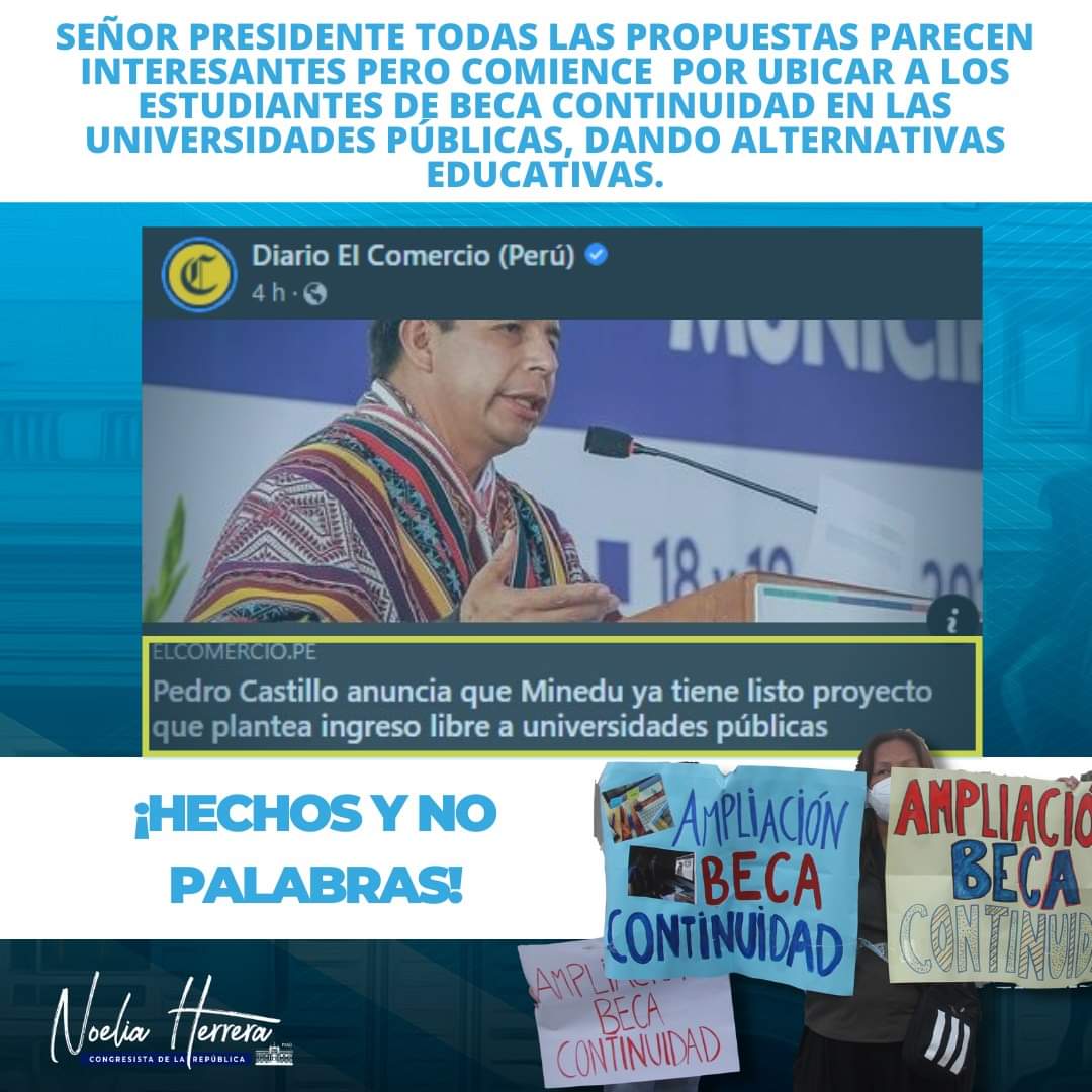 NoeliaCallao's tweet photo. 🌐 Señor Presidente todas las propuestas parecen interesantes pero comience por ubicar a los estudiantes de #BecaContinuidad  en las universidades públicas, de igual forma reubique a los más de 300 mil estudiantes que están en la calle por el cierre de sus universidades. https://t.co/1nOWvThDiH