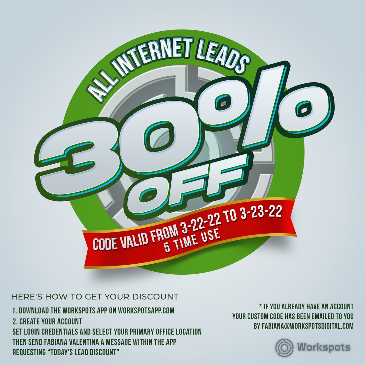 myworkspots's tweet photo. Flash sale ⚡️

Hey FFL Members!
Enjoy 30% Off All Internet Leads in the CRM
Valid from 03/22/2022 to 03/23/2022
5-time use. https://t.co/HXeJOwRgJv