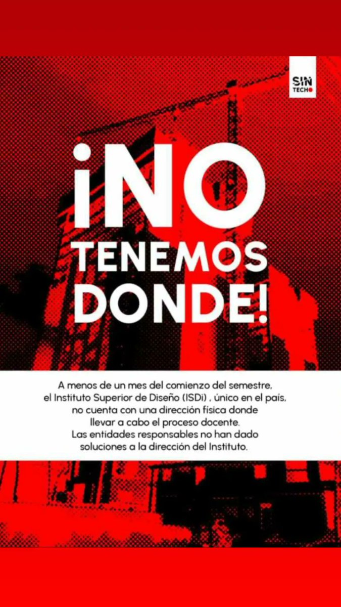 A pocos días de que comience el semestre, el Instituto Superior de Diseño, ISDi, único en el país, no cuenta con una dirección física dónde llevar a cabo el proceso docente. Las entidades responsables no han dado soluciones a la dirección del instituto.

#ISDi