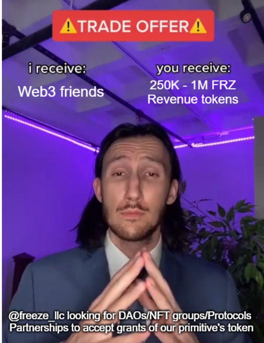 We have 80% of our FRZ token Partner allocation left. 
If you're a #dao #nft #defi community that is building/doing cool things - please DM to discuss our grants! 
We are looking for friends on ETH <a href="/0xPolygon/">Polygon | POL</a> <a href="/FantomFDN/">Fantom Opera</a> <a href="/binance/">Binance</a> @avalancheavax 

Yield on cold storage assets!
