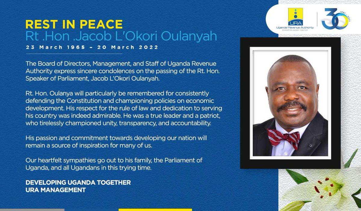 URAuganda's tweet photo. The #URAFamily expresses sincere condolences to the family of the Late Rt Hon Speaker of @Parliament_Ug , Jacob L'Okori Oulanyah and Uganda at large.
@JacobOulanyah 's dedication and passion towards the development of Uganda will remain an inspiration for generations. https://t.co/nRWhbooaY2