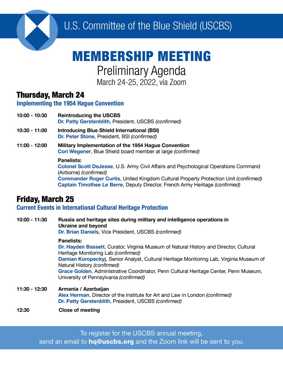 I'm presenting on #NagornoKarabakh and #Armenia and #Azerbaijan ICJ cases at the annual meeting of the U.S. Committee of the Blue Shield with Alex Herman of <a href="/IAL_art_law/">Institute of Art & Law</a> and Dr. Patty Gerstenblith. The focus is on protection of cultural heritage.
The event is open to the public.