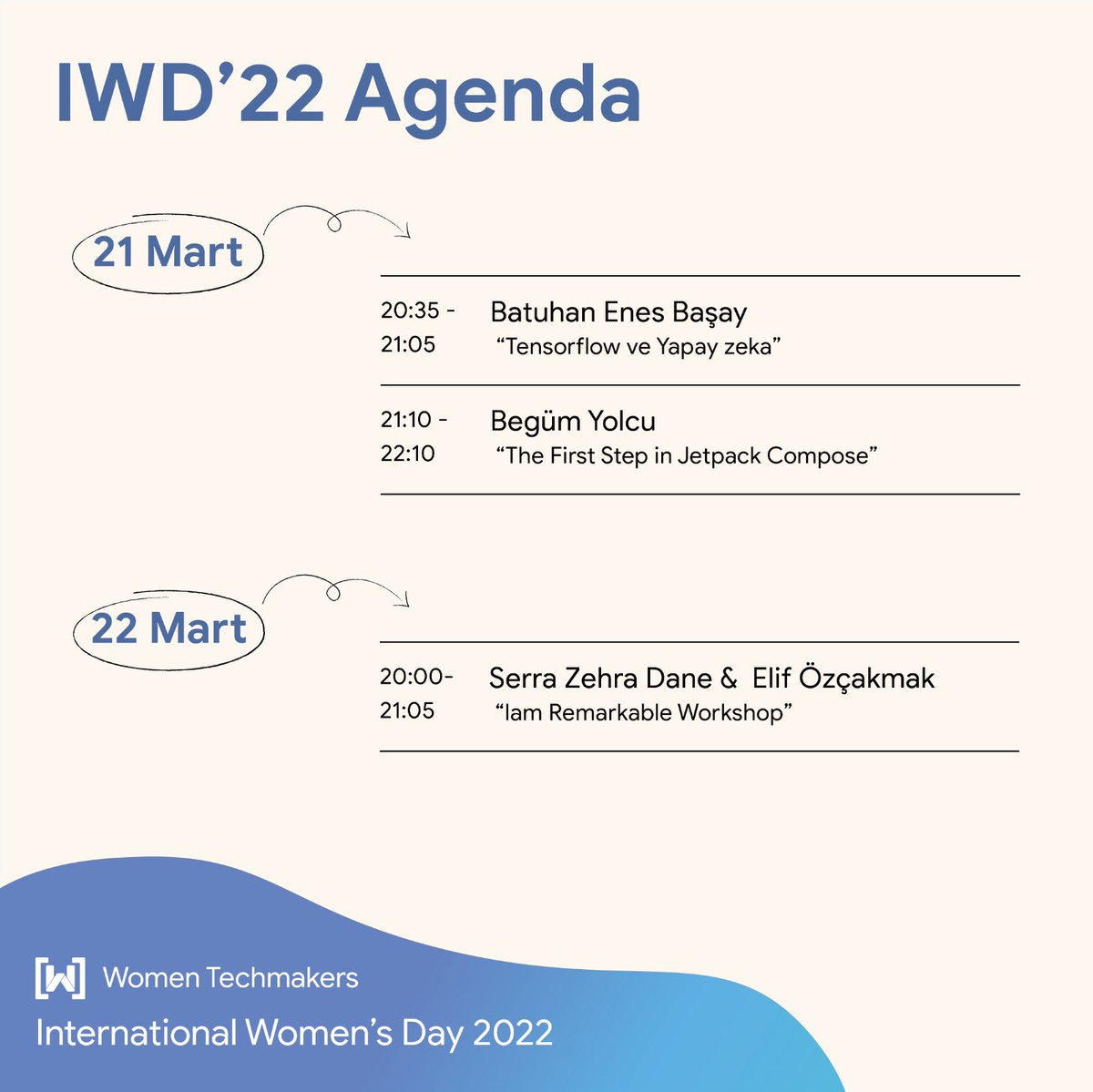 Merhaba,

IWD Week başlıyor! Birbirinden verimli günlerle geçecek bir hafta için gelin programıza bakalım 📣

🚀 22 Mart günü önce kendimize değer vermeliyiz diyor ve 2 arkadaşımızın “I am Remarkable” workshopuyla başlıyoruz!

#progressnotperfection #iwd22