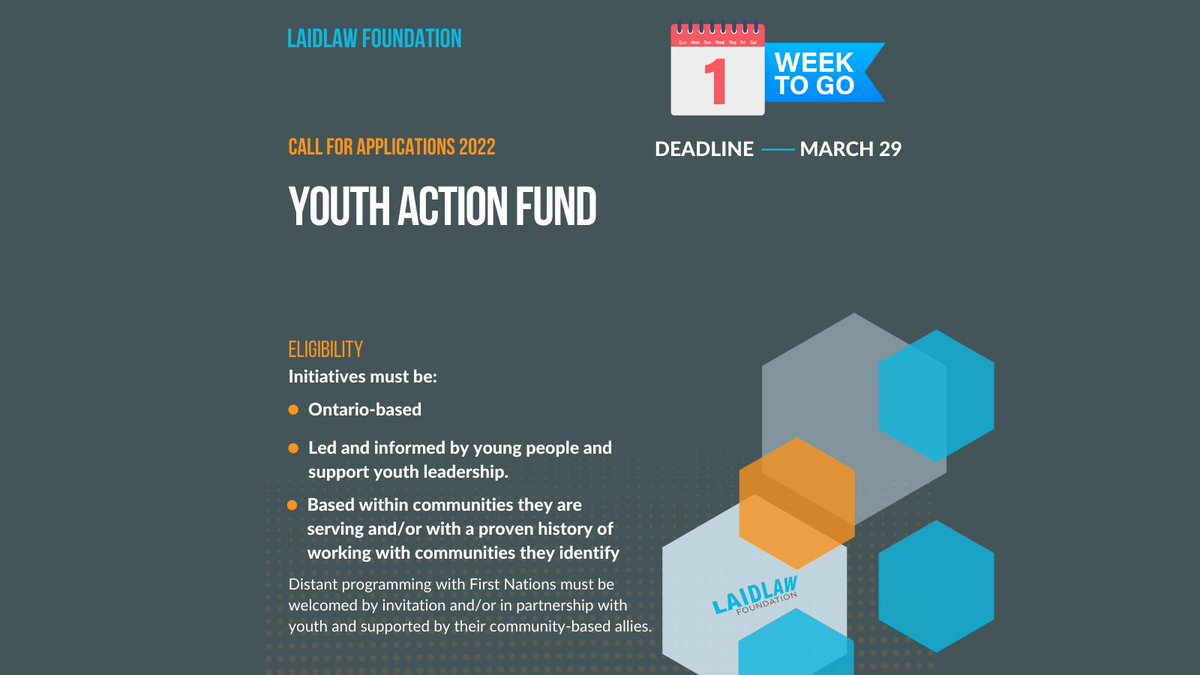 laidlawfdn's tweet photo. 🚨 Reminder one week left!🚨

The deadline for the Youth Action Fund is March 29 at 5PM.

YAF prioritizes Black + Indigenous youth-led initiatives supporting young people in education, justice, and child welfare systems. https://t.co/T4eghc6G1G https://t.co/Jo6jynbmoA