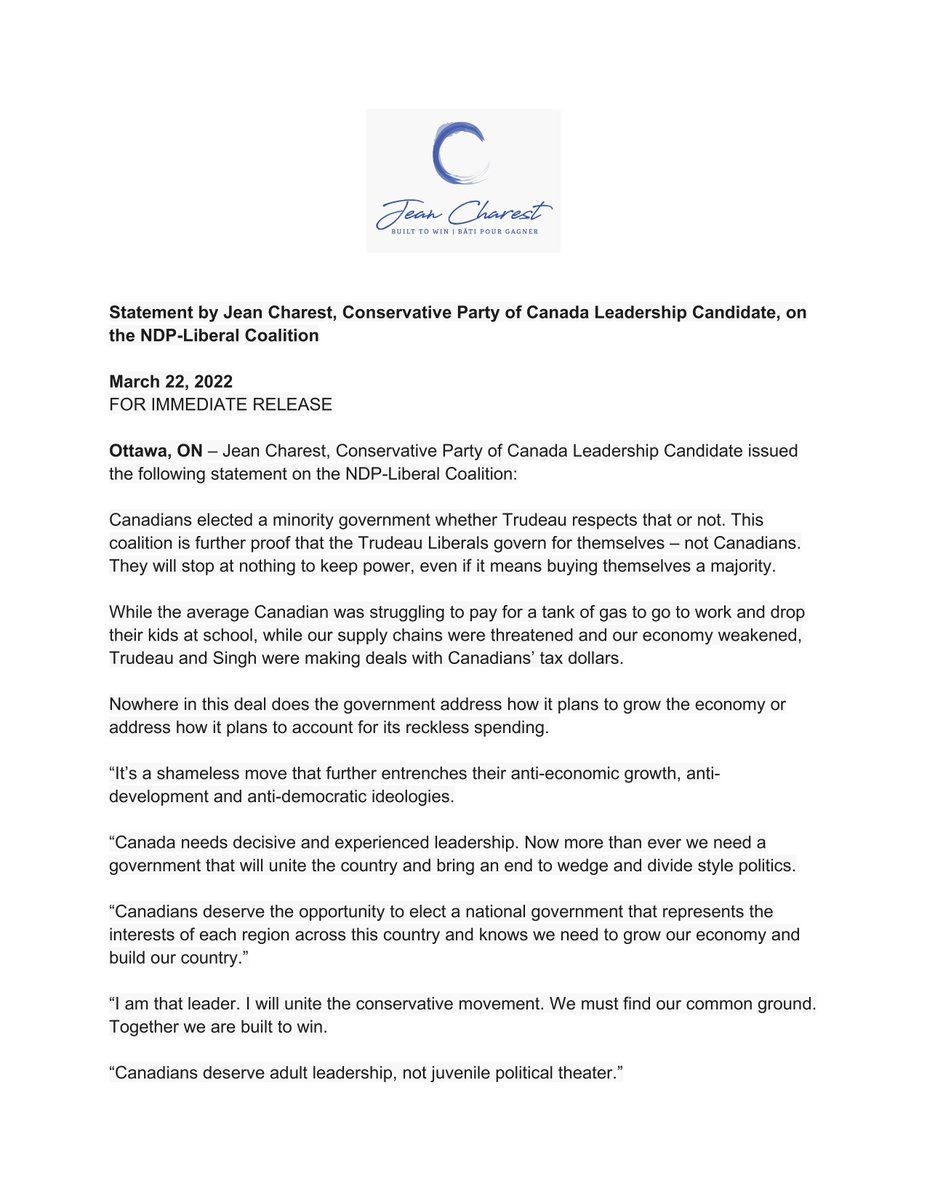 JeanCharest_'s tweet image. This coalition is further proof that the Trudeau Liberals govern for themselves – not Canadians. They will stop at nothing to keep power, even if it means buying themselves a majority. @CPC_HQ we have to unite. Read my statement.