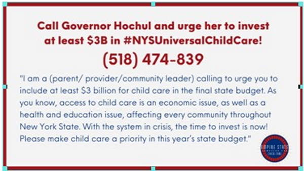 NorthernTwit8's tweet photo. For the next week, leaders from the NYS Senate and Assembly will be meeting with @GovKathyHochul to negotiate the final state budget, due on April 1. We can’t stop now! Call today to urge the Governor to include at least $3 billion in the final budget for #NYSUniversalChildCare https://t.co/273UvCmRFr