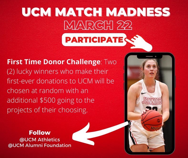 UCM_Alum's tweet photo. #MatchMadness has begun! If you’ve never made a gift to UCM, today is the day to start! Two lucky winners who make their FIRST gift today will be chosen at random with an additional $500 going to their team of choice! Give at https://t.co/TOa62SXskV! 📣 https://t.co/etWaHqJGMf