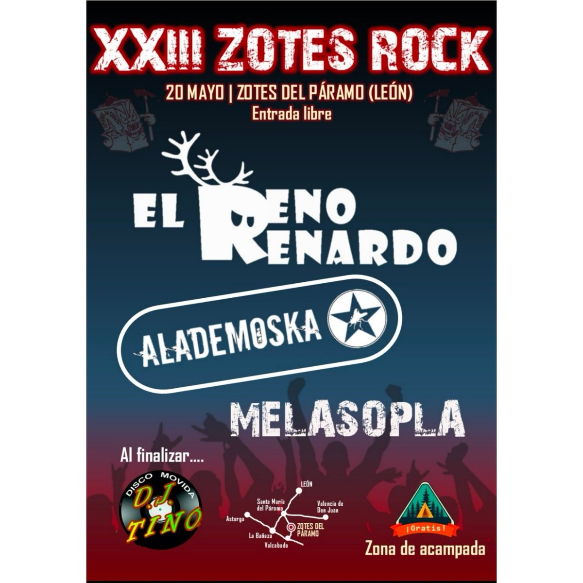 ¡POR FIN PODEMOS SACAR EL CARTEL DEFINITIVO!
Ha habido algunos cambios...
💣XXIII FESTIVAL ZOTES ROCK💣
- EL RENO RENARDO
- ALADEMOSKA
- MELASOPLA 
- DJ TINO
🎙️ Festival gratuito
🏕️ Zona de acampada
🗓️ 20 de mayo
⏰ 23:59h
📍Zotes del Páramo (León)