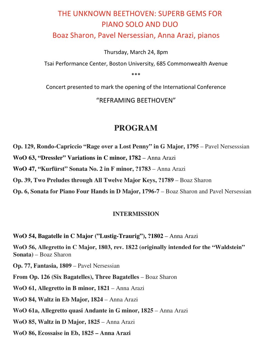 LvBCenterBU's tweet photo. Reframing Beethoven 2022

Concerts featured at the conference are FREE and open to the public!

From More info: https://t.co/tcuJgF6by5

Thursday, March 24, 8pm

March 25, 8:30pm

Saturday, March 26, 8pm https://t.co/Wr7DCCRejg