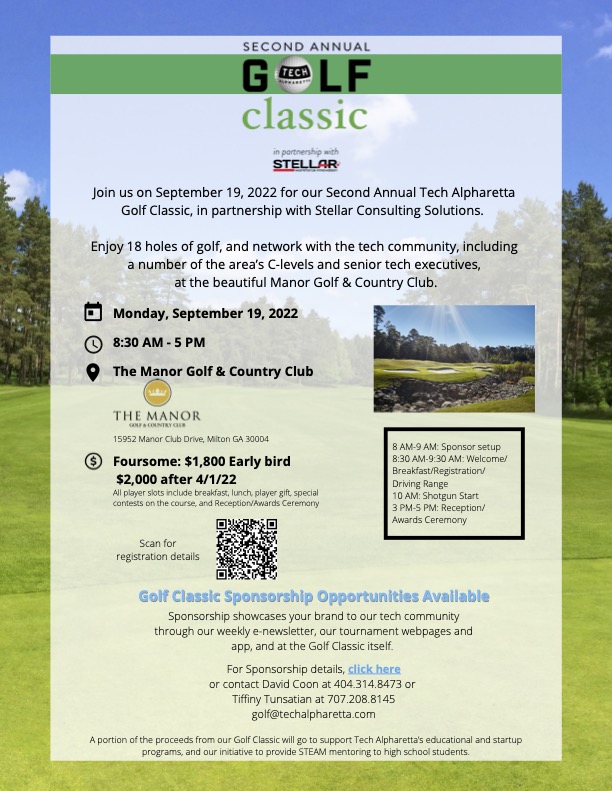 TechNorthATL's tweet photo. Early Bird foursome registration ends April 1! Learn more: https://t.co/k9E7JcIR8F #Second Annual Tech Alpharetta Golf Classic #techalpharetta #stellarconsulting https://t.co/w3Tuu8G8qL