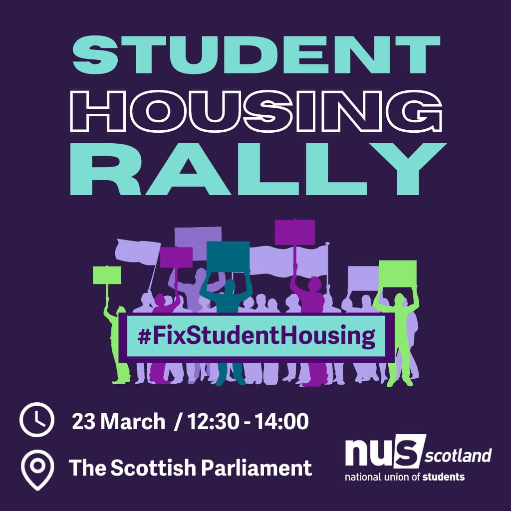 Join the <a href="/NUSScotland/">NUS Scotland</a> Student Housing Rally outside the Scottish Parliament tomorrow at 12.30pm 🏠

With rents on the rise and rogue landlords out of control, it’s time to #FixStudentHousing ✊