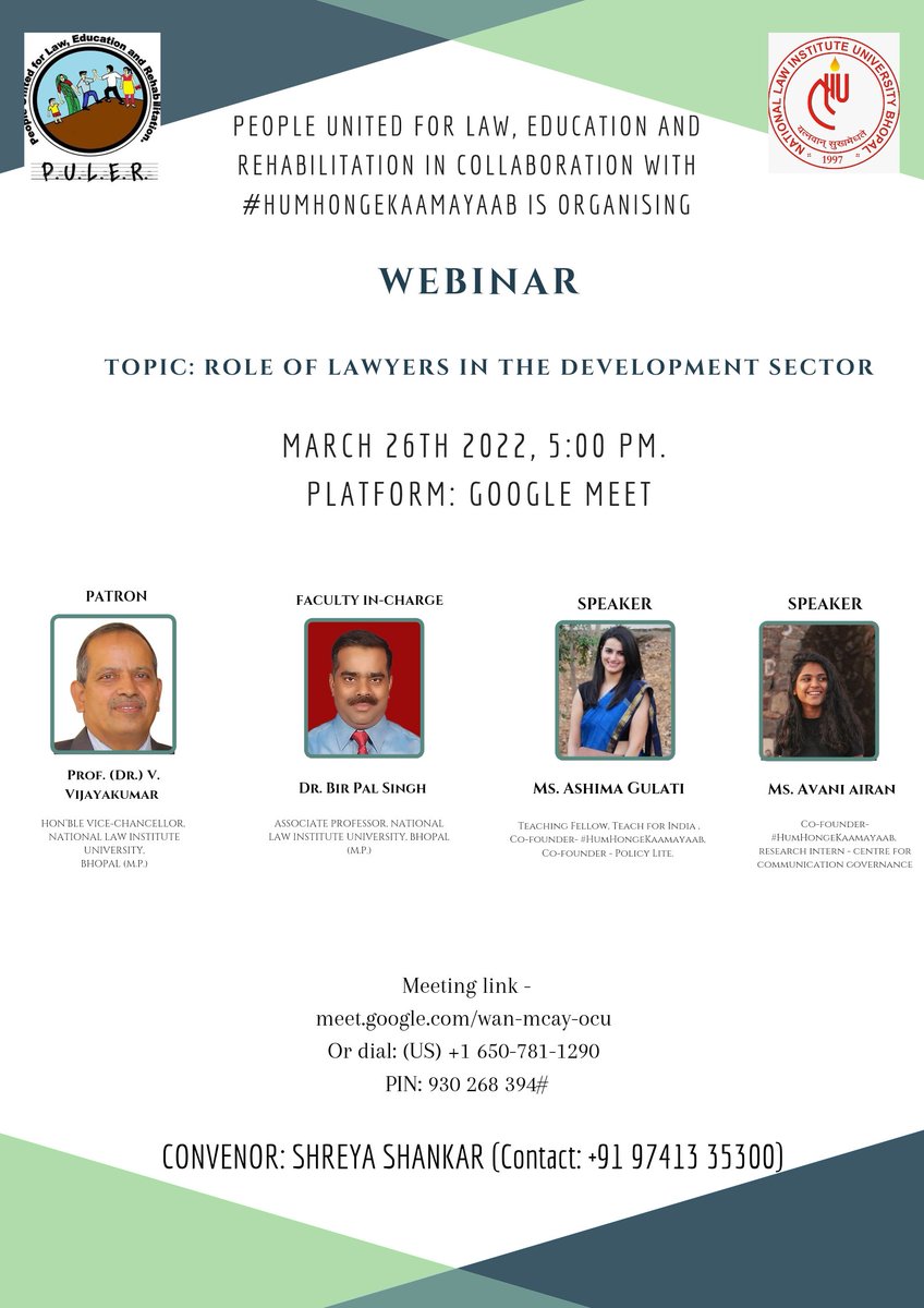 PULERNLIU's tweet photo. We at P.U.L.E.R. are pleased to announce are next  lecture in our lecture series, on the topic " Role of lawyers in the development sector". 
Date: 26th March, 2022.

Time: 5:00 p.m to 6:00 p.m.

Register at: 

All batches are invited to attend this informative session. https://t.co/3C74rtSf1R