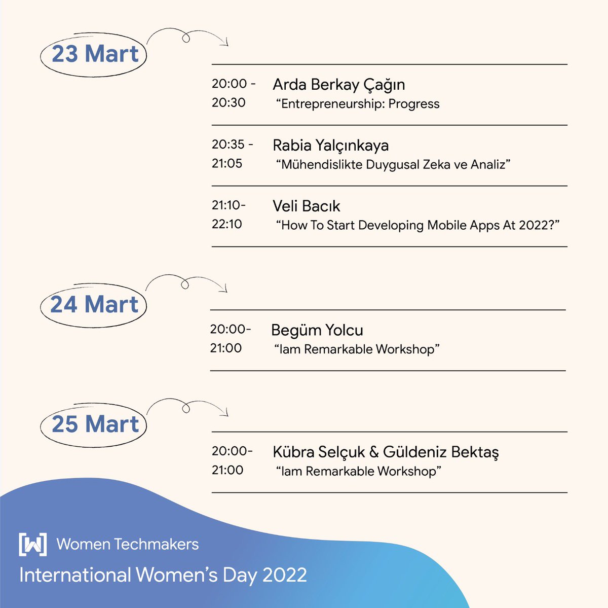 🚀 23 Mart’ta 3 session sizi bekliyor olacak! 20:00 da başlıyor olacağız ve 22:10 a kadar devam ediyoruz! 

🌸 Önceki workshopu kaçırmış olanlara 24 Mart ve 25 Mart günlerinde I am Remarkable workshoplarına kesinlikle katılmalarını tavsiye ediyoruz!

#progressnotperfection