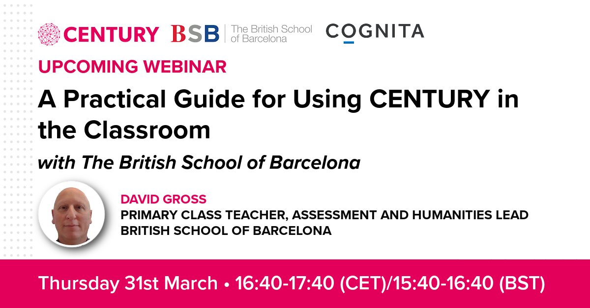 ThisIsCentury's tweet photo. 🚨 Calling all CENTURY schools!🚨 

Next Thursday, we will be joined by @BSB_Barcelona's David Gross for practical advice on planning a lesson using CENTURY and using data to inform next steps. 

Register: https://t.co/p6A4RTyY92 https://t.co/cM4UxdIvQP