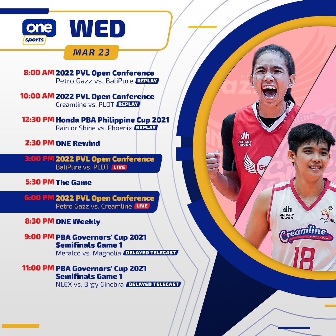 OneSportsPHL's tweet photo. Battle of the undefeated squads ngayong Wednesday! Panoorin ang paghaharap ng Creamline at Petro Gazz LIVE sa One Sports! #GameTayo https://t.co/GMth1dCU4t