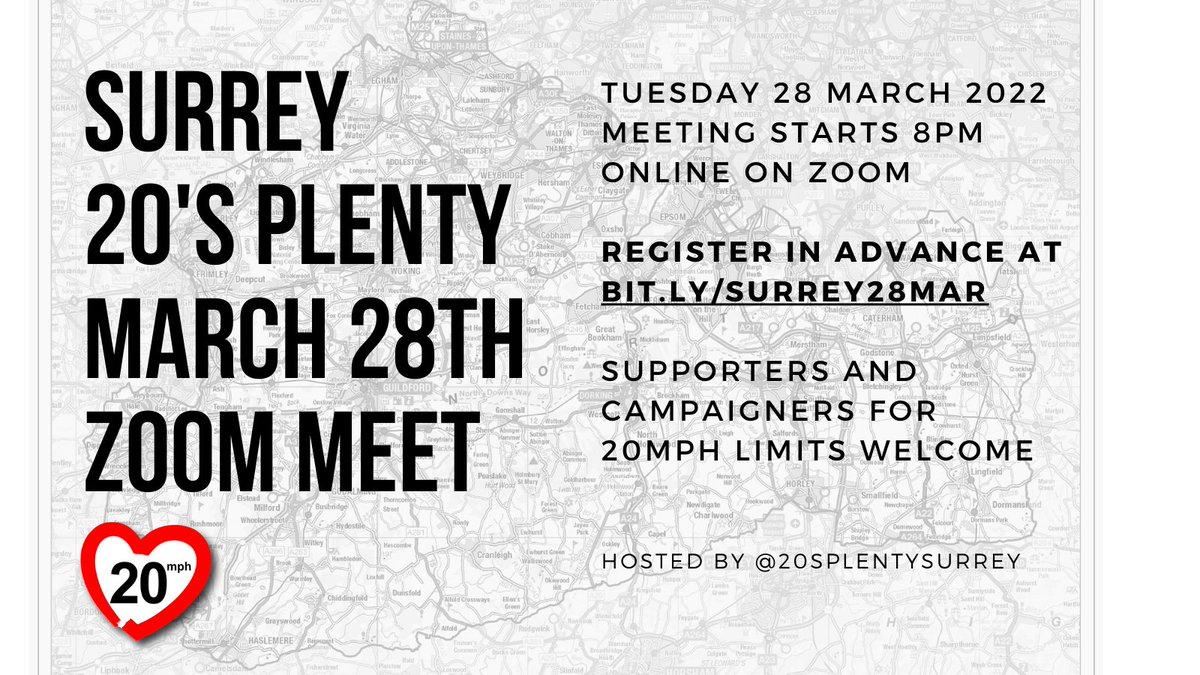 🔜📢Next Surrey <a href="/20splentyforus/">20's Plenty for Us</a> Campaigners &amp; Supporters Meeting Tuesday 28 March 2022 register in advance at bit.ly/surrey28mar